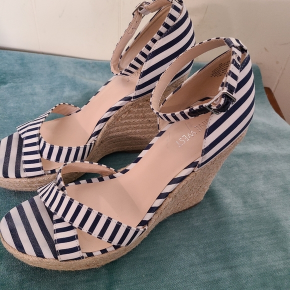 Nine West Nautical Stripe High Wedge Ankle Strap - Picture 2 of 9